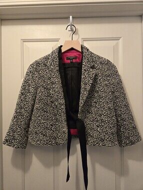 Ann Taylor 6P Black White Crop Blazer Ribbon Tie 3/4 sleeve